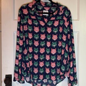 Anthropologie Liv Lee Navy Blouse with Tiger print